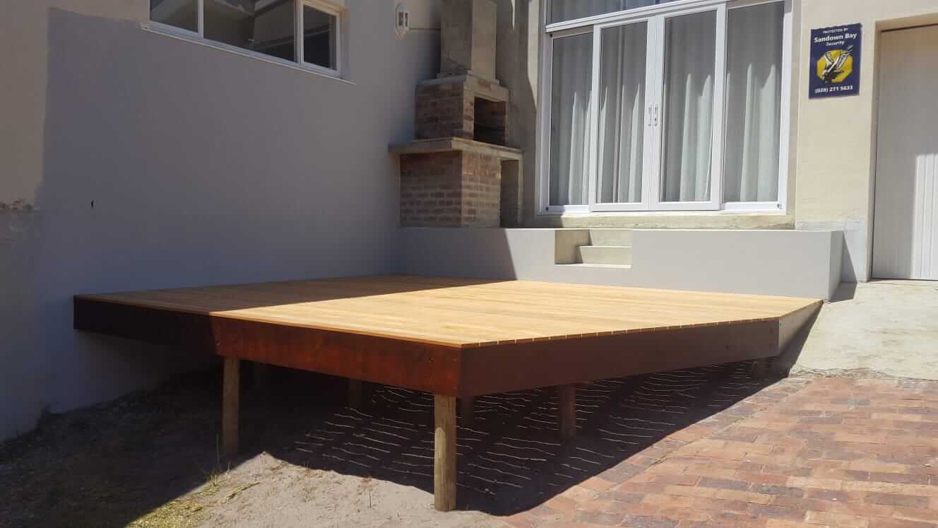 Raised deck, outdoor fireplace